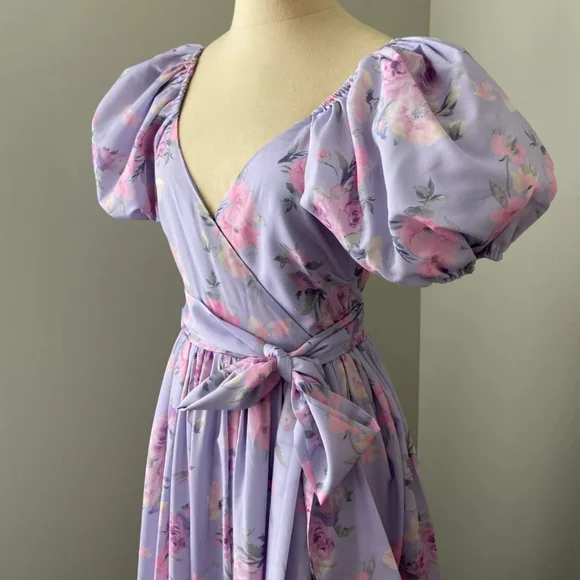 Lilac Floral Puff Sleeve High Waist Surplice Maxi Dress with Bow - Picture 13 of 16